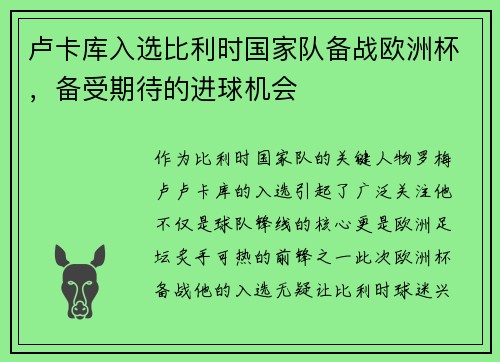 卢卡库入选比利时国家队备战欧洲杯，备受期待的进球机会