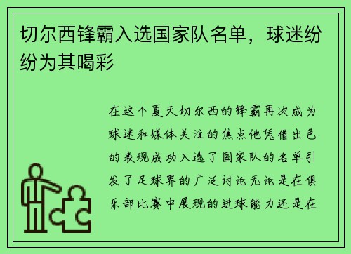 切尔西锋霸入选国家队名单，球迷纷纷为其喝彩